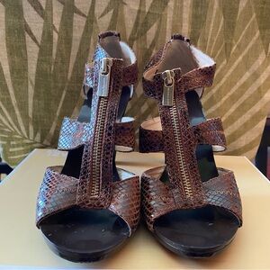 Michael Kors Brown Snakeskin Linden T Strap Heels